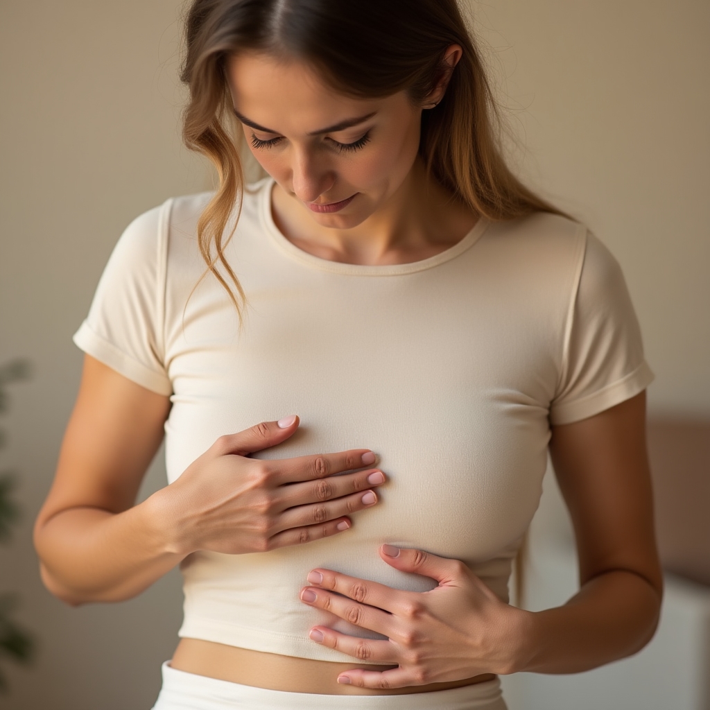Close-up of person's torso showing hands placed on ribcage and abdomen, demonstrating diaphragmatic breathing awareness, soft studio light