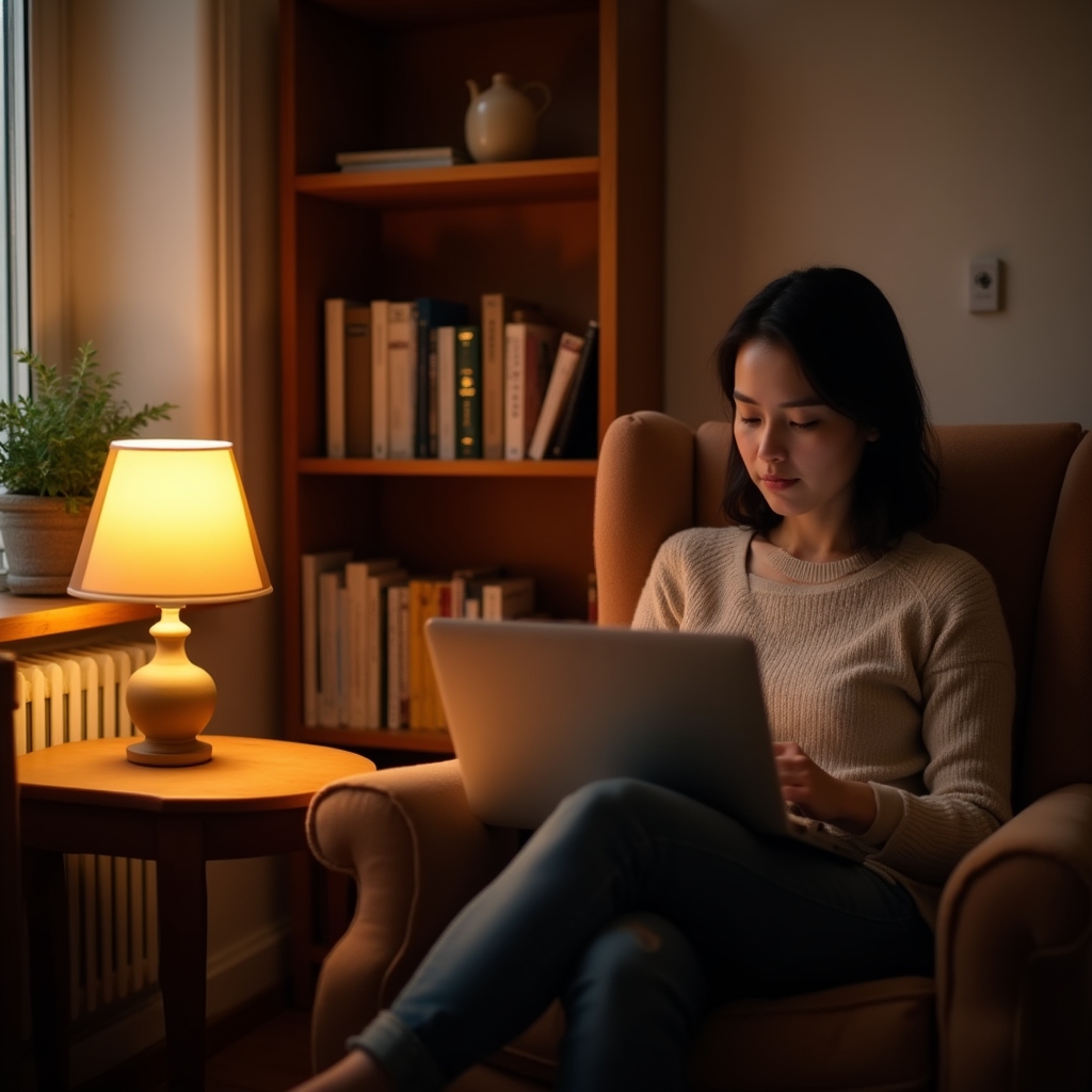 Quiet reading nook with a person studying from a laptop, warm lamp light, books on shelf, peaceful productive atmosphere