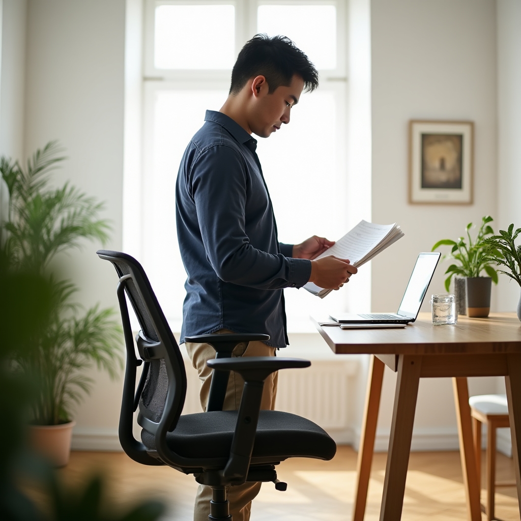Wide shot of a minimal home office, person in foreground seated at standing desk, ergonomic chair nearby, morning light from large window